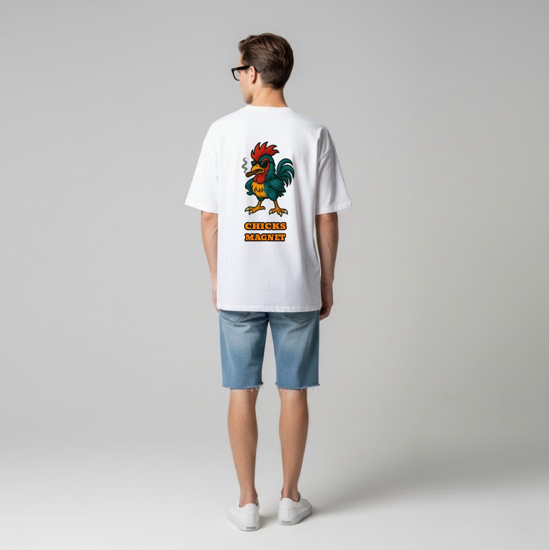 Chicks Magnet Oversized White T-Shirt | Funny Graphic Design by TRBL