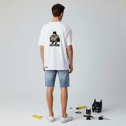 Fat-Man Oversized White T-Shirt | Funny Parody Superhero Design by TRBL