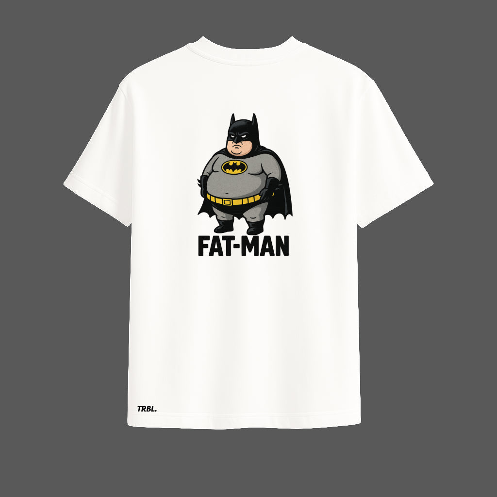 Fat-Man Oversized White T-Shirt | Funny Parody Superhero Design by TRBL