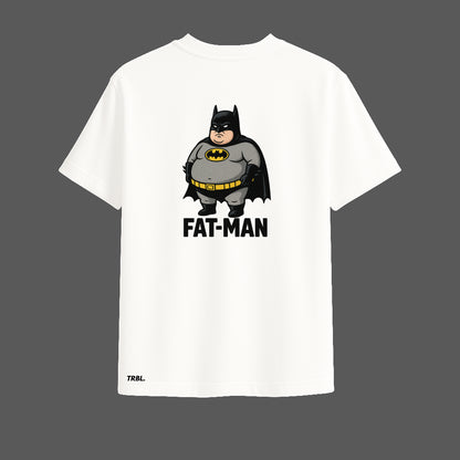 Fat-Man Oversized White T-Shirt | Funny Parody Superhero Design by TRBL