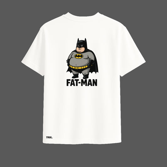 Fat-Man Oversized White T-Shirt | Funny Parody Superhero Design by TRBL