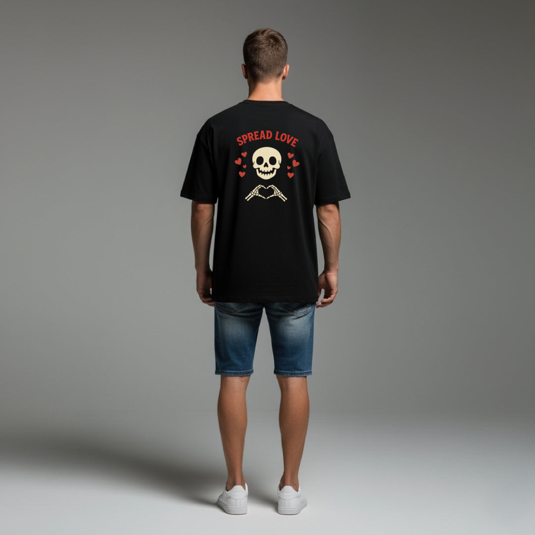 Spread Love Oversized Black T-Shirt | Skeleton Heart Graphic by TRBL