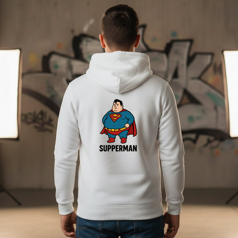 Supperman White Hoodie | Funny Parody Graphic
