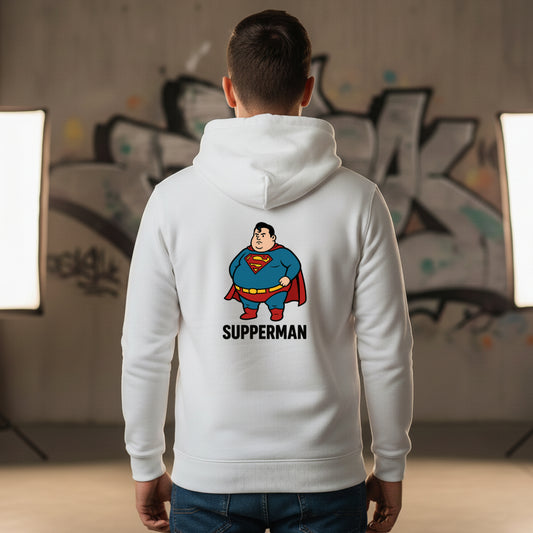 Supperman White Hoodie | Funny Parody Graphic