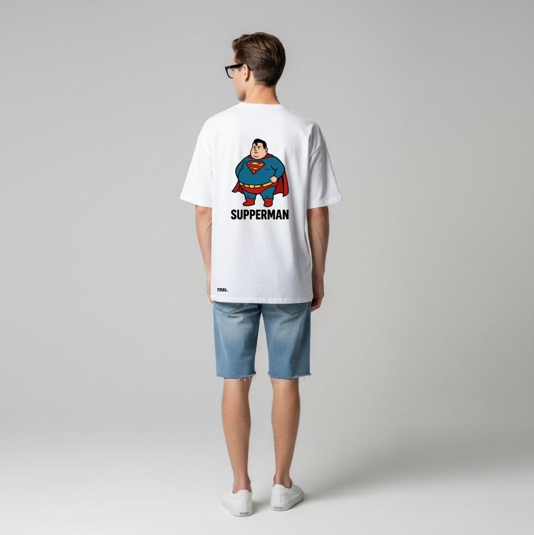 Supperman Oversized White T-Shirt | Funny Parody Graphic by TRBL