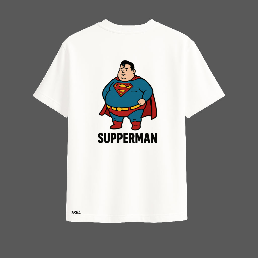 Supperman Oversized White T-Shirt | Funny Parody Graphic by TRBL