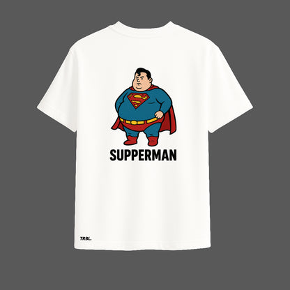 Supperman Oversized White T-Shirt | Funny Parody Graphic by TRBL