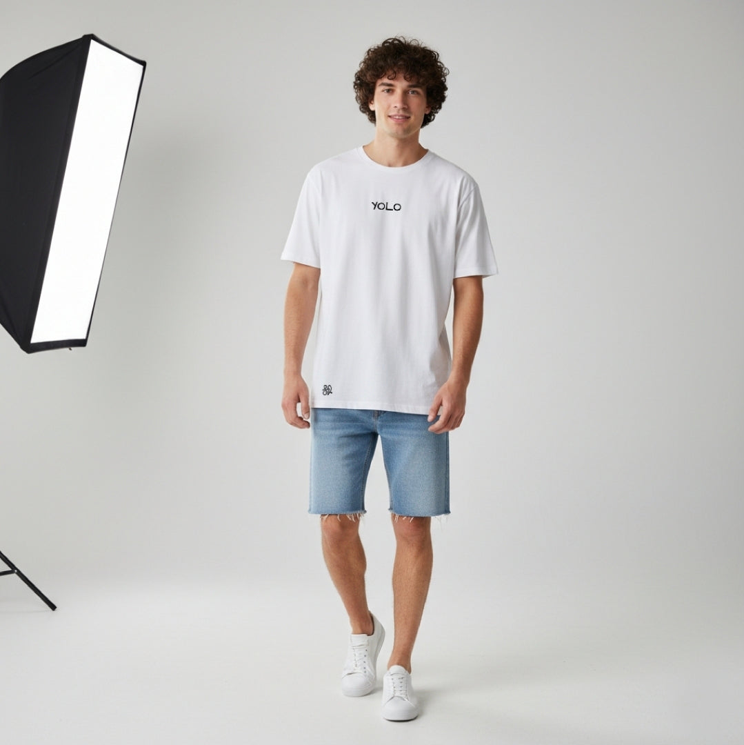 YOLO Oversized White T-Shirt | Minimal Winged Figure Graphic by TRBL