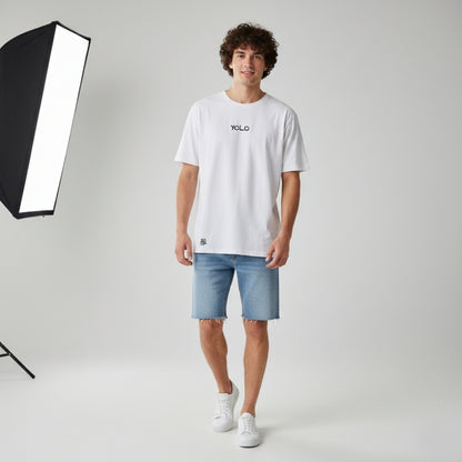 YOLO Oversized White T-Shirt | Minimal Winged Figure Graphic by TRBL