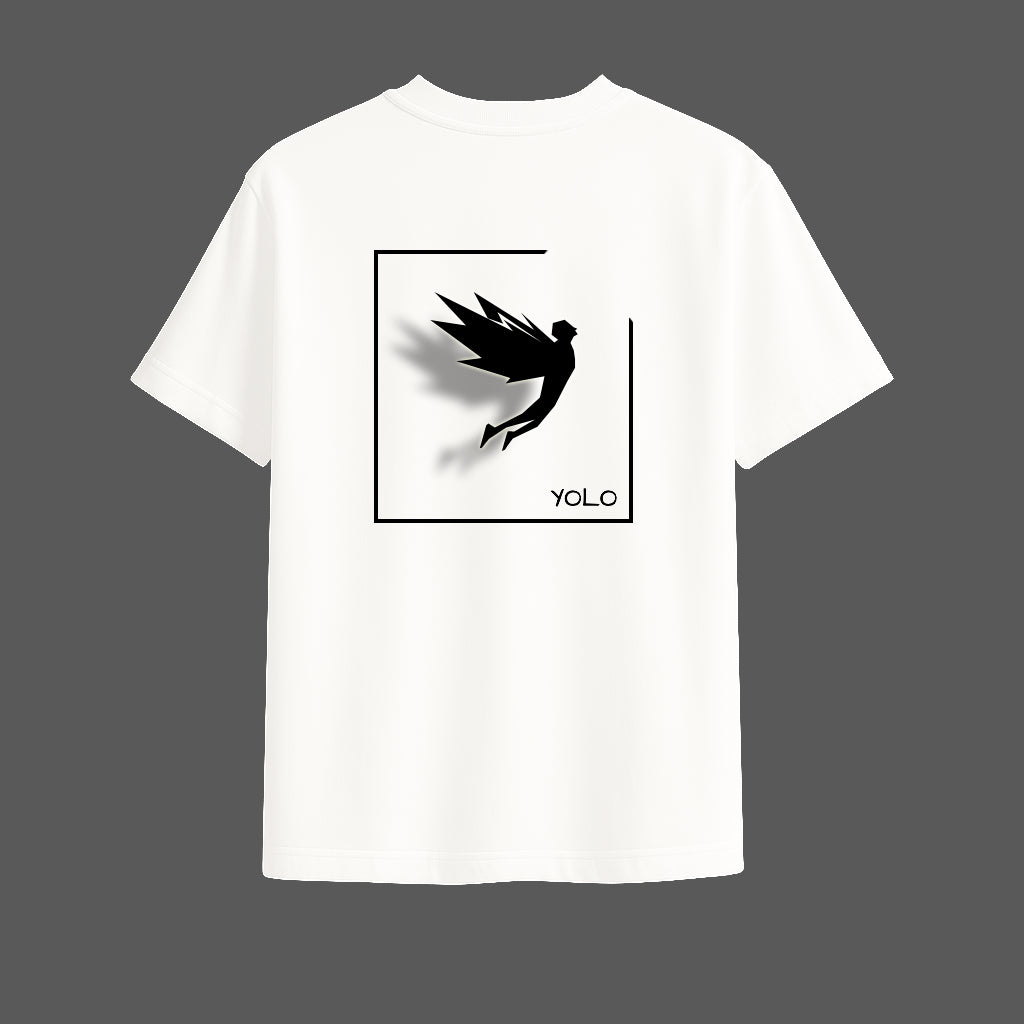 YOLO Oversized White T-Shirt | Minimal Winged Figure Graphic by TRBL