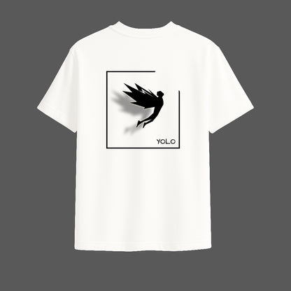 YOLO Oversized White T-Shirt | Minimal Winged Figure Graphic by TRBL