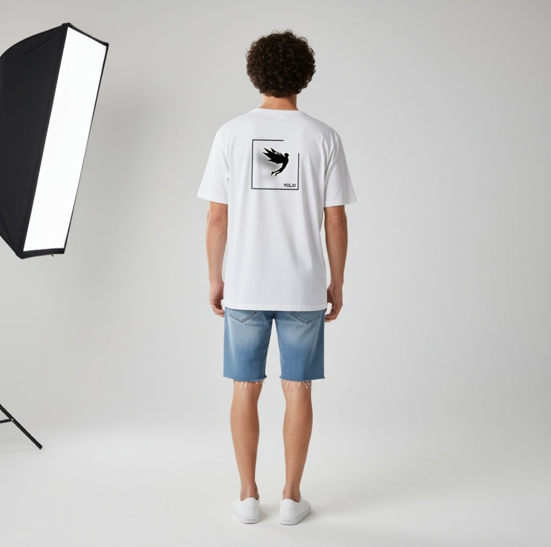 YOLO Oversized White T-Shirt | Minimal Winged Figure Graphic by TRBL