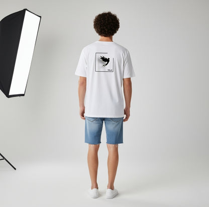 YOLO Oversized White T-Shirt | Minimal Winged Figure Graphic by TRBL